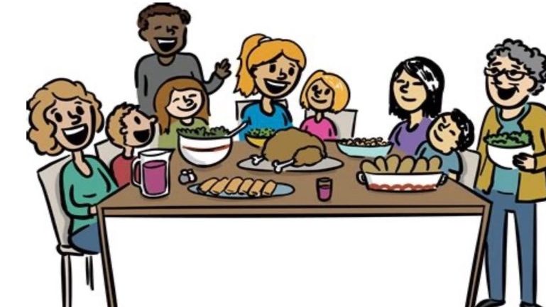Cartoon graphic showing a mix of people around a table laden with food