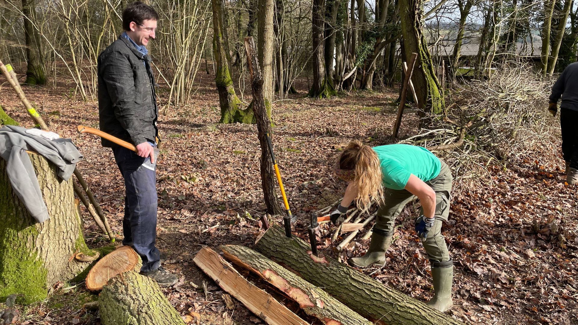 Working in Lea & Pagets Wood, splitting an oak trunk to make fence posts