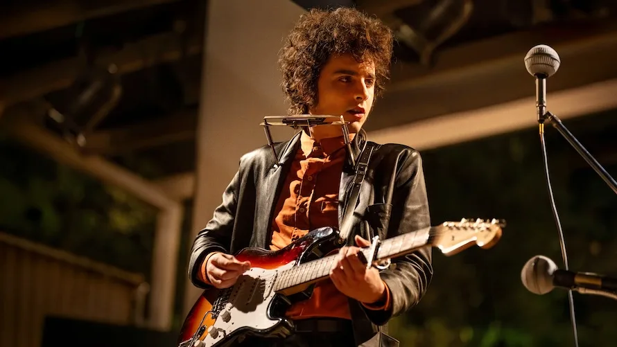 Timothee Chalamet playing Bob Dylan in A Complete Unknown